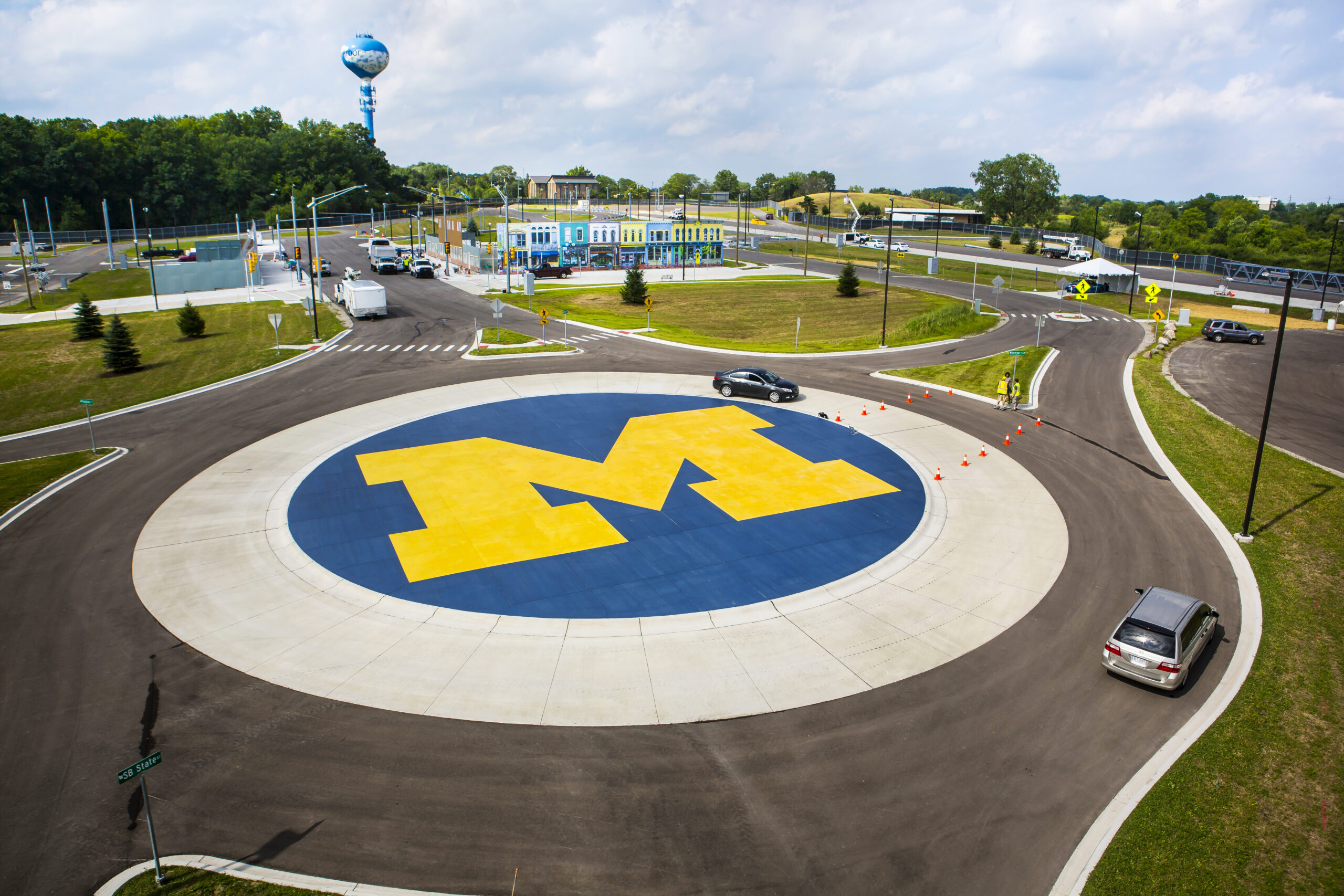 Aerial photo of campus roundabout with Michigan logo in the center