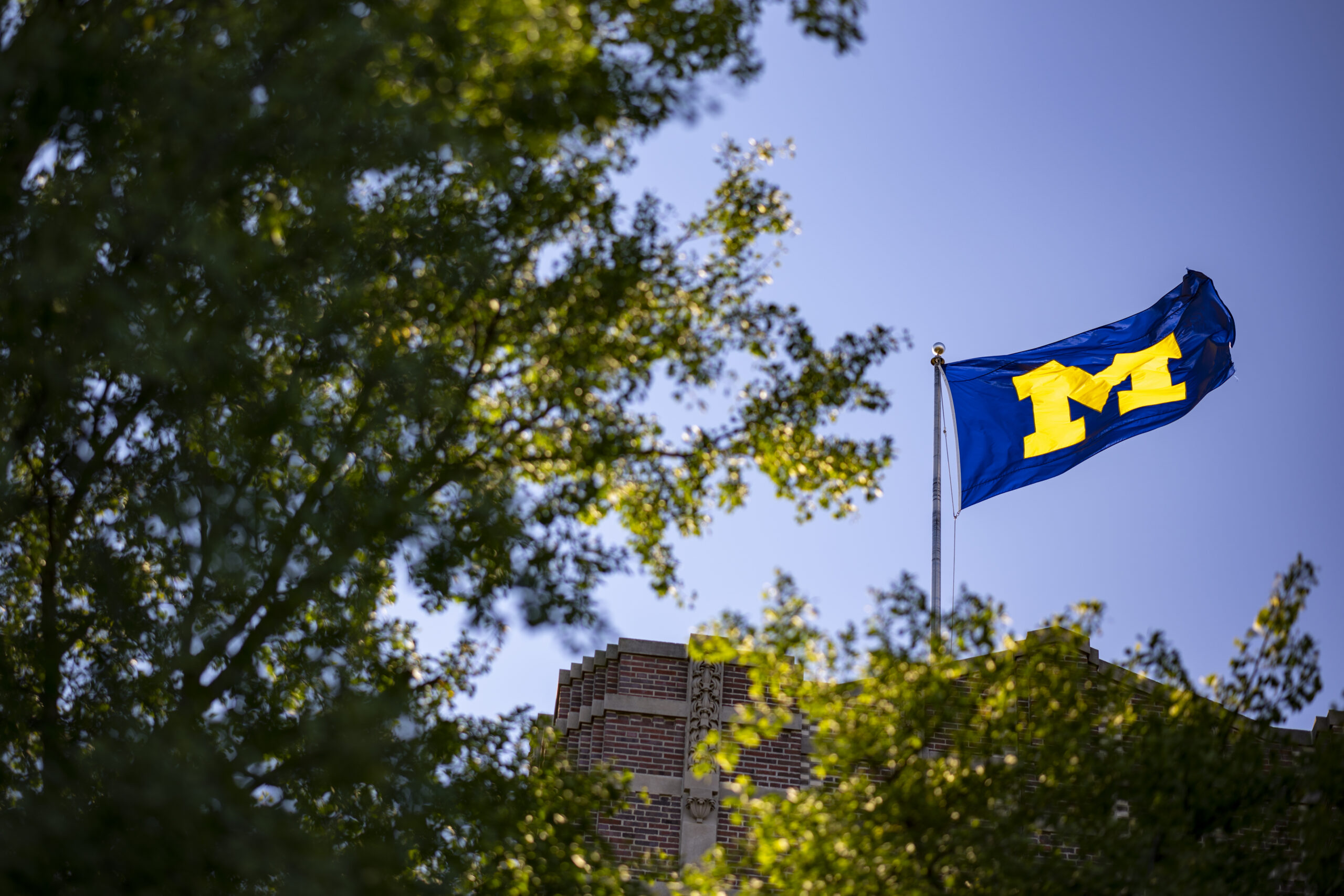 University of Michigan flag with blue background and yellow M flys on outdoor flagpole