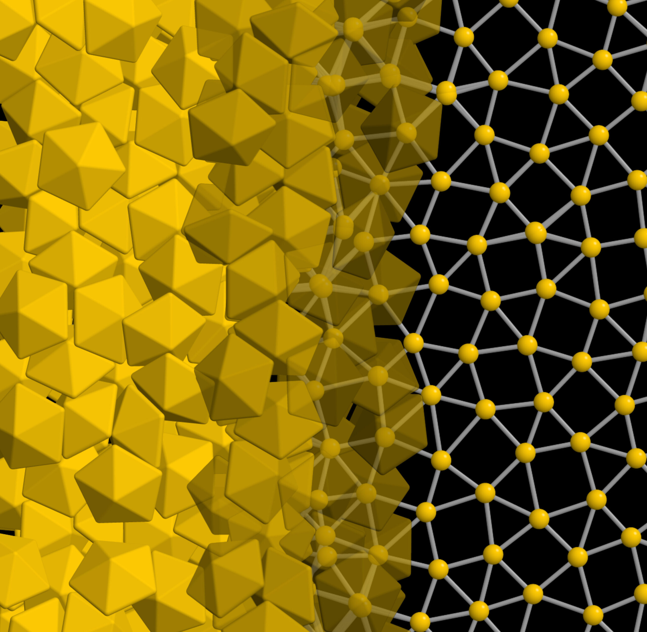 The simulation shows the decahedra packing together into a quasicrystalline structure on the left, with a diagram of the structure on the right.