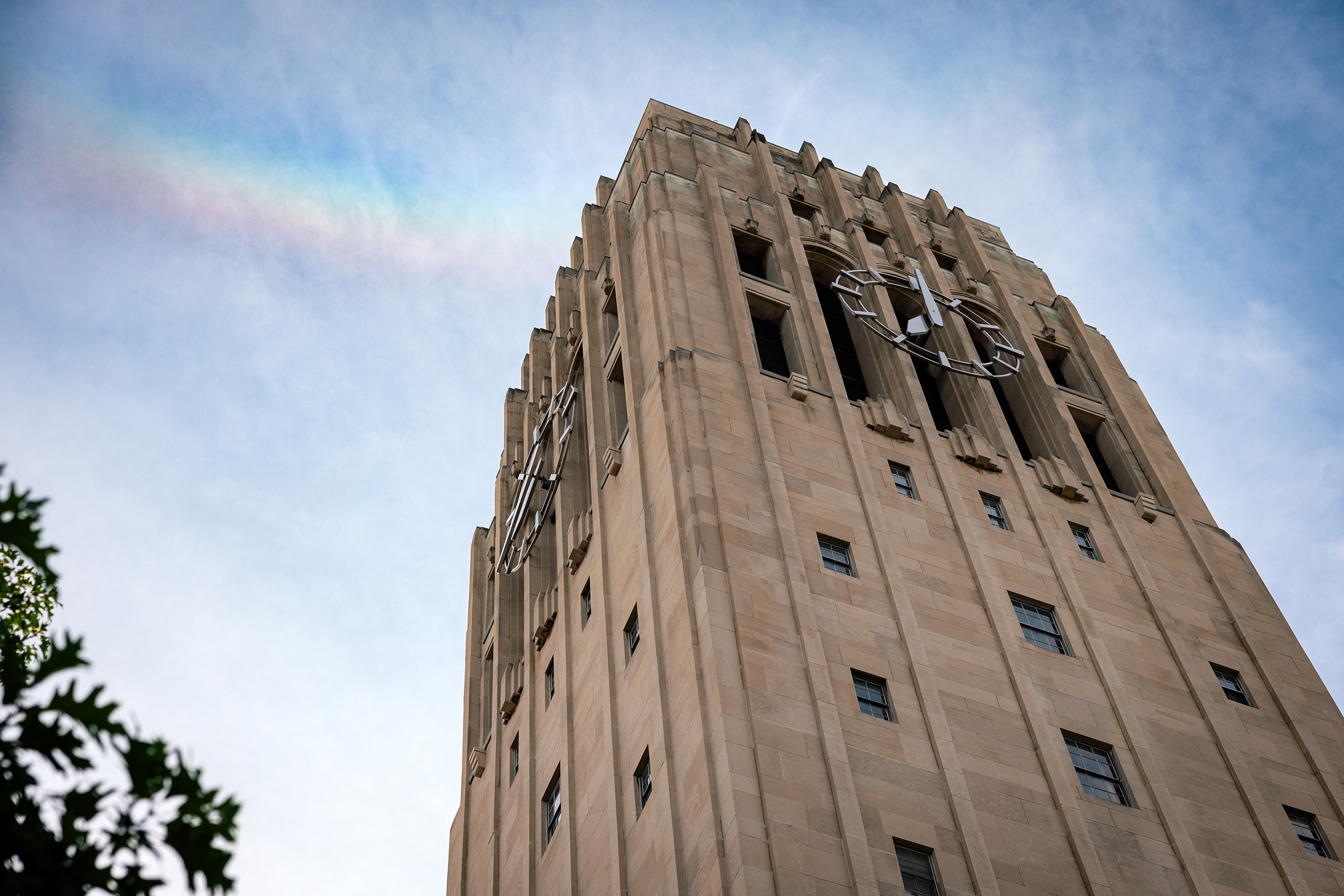 A rainbow sits over Burton Memorial Tower