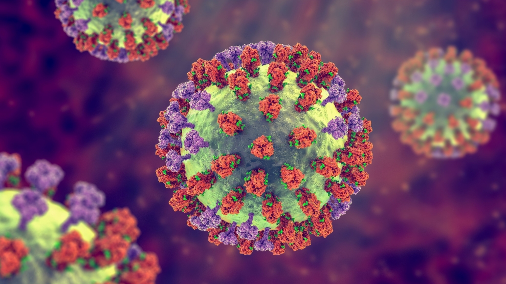 Microscopic rendering of the flu virus with green, purple and red coloring